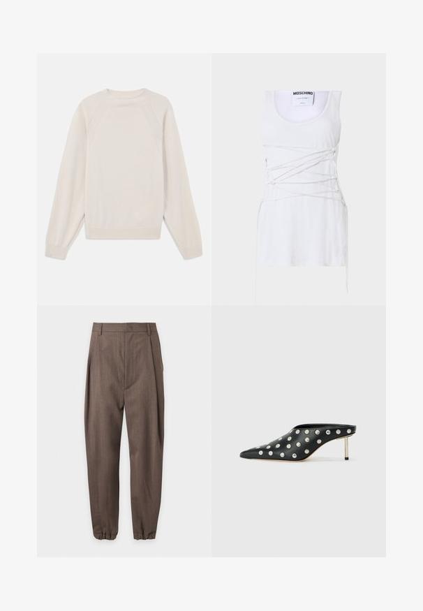 Lyscremefarvet sweater lavet af blød strikstof. Har rund hals, lange ærmer og ribbede manchetter og kant med raglanærmedesign.; Hvid ribbet tanktop med krydsende snøring, der har en rund hals og en lige kant. Mærke: Moschino Couture.; Brune skræddersyede bukser med plisseringer, bæltestropper og elastiske manchetter, vist mod en hvid baggrund.; STAND STUDIO KELSEY - Mules med hæl - black