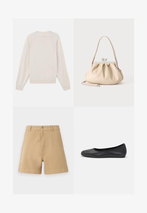 Lyscremefarvet sweater lavet af blød strikstof. Har rund hals, lange ærmer og ribbede manchetter og kant med raglanærmedesign.; Beige shorts lavet af bomuld, med et klassisk design, der har en frontknaplukning og bæltestropper. Glat tekstur med sidelommer.; Sort læderballetsko med rund tå, glat tekstur, minimal syning og et fleksibelt såldesign.; Beige blød læderhåndtaske med en sølv metalramme-lukning, enkelt skulderstrop og en valgfri kæderem på en hvid baggrund.
