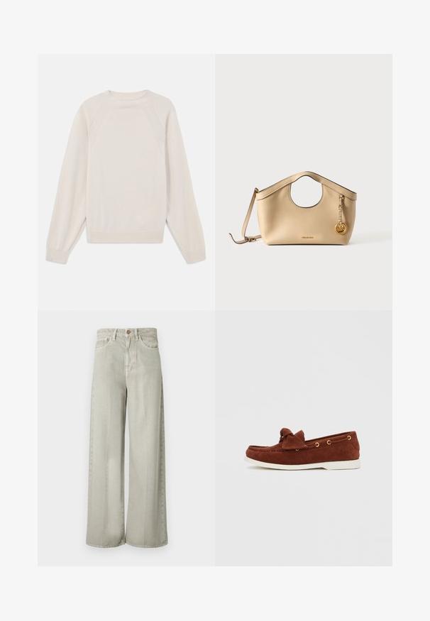 Lyscremefarvet sweater lavet af blød strikstof. Har rund hals, lange ærmer og ribbede manchetter og kant med raglanærmedesign.; Lysegrå jeans med vide ben lavet af denim, med en talje i mellemhøjde, forlommer og en subtil tekstur. Kobberknapdetalje ved taljen.; Brun ruskindslipper med sløjfedetalje, guldfarvede huller og hvid gummisål vist mod en ensfarvet baggrund.; Beige læder håndtaske med rundt topgreb, aftagelig skulderrem og guldfarvet MK logo vedhæng på ensfarvet hvid baggrund.