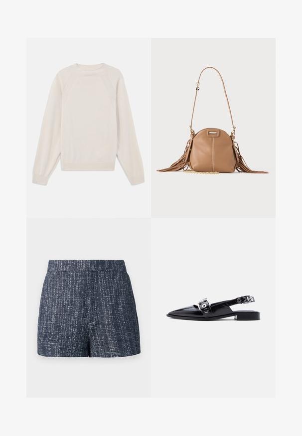 Lyscremefarvet sweater lavet af blød strikstof. Har rund hals, lange ærmer og ribbede manchetter og kant med raglanærmedesign.; Mørkeblå shorts lavet af tekstureret stof, med et subtilt mønster og en flad talje. Minimalistisk design uden lommer.; Sort laklæder flat sko med spids tå, dobbelte sølvspænder og slingback-hæl på hvid baggrund.; Lille tanfarvet læder skuldertaske med lang rem, guldkæde detalje og frynser på begge sider mod en neutral baggrund.