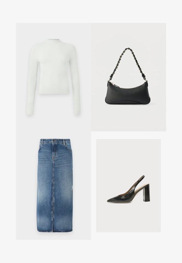 Lys grøn, ribbet bluse med lange ærmer, høj hals og et lille broderet logo på brystet. Casual pasform og tekstureret stof.; Denim midi nederdel med en lys til mørkeblå gradient, frontlukning og subtile slidte detaljer nær sømmen. Råkant i bunden.; Sort læder kvindesko med slingback, spids tå og tyk blokhøj hæl på hvid baggrund.; Sort skuldertaske i læder med en buet rektangulær form, gyldent kæde vævet ind i en flettet sort rem og toplynlås.