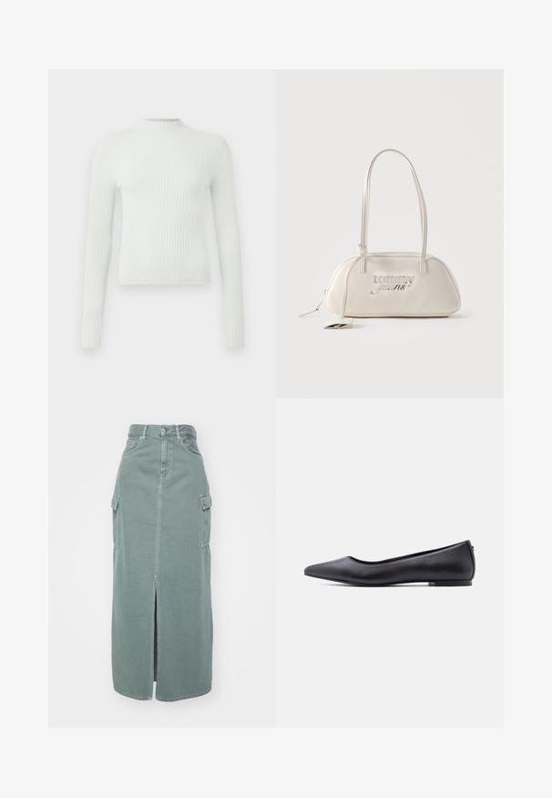 Haut à manches longues côtelé vert clair avec un col roulé et un petit logo brodé sur la poitrine. Coupe décontractée et tissu texturé.; Jupe midi en denim vert kaki avec fente frontale, taille haute et poches cargo latérales. À coupe décontractée et ajustée, avec une texture subtile.; Chaussure plate en cuir noire à bout pointu avec petit talon, vue de profil sur fond blanc.; Sac d'épaule rectangulaire de couleur crème avec longues bretelles, logo "tommy jeans" en argent sur le devant, et une étiquette pendante attachée à la fermeture éclair.
