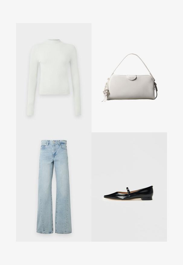 Lys grøn, ribbet bluse med lange ærmer, høj hals og et lille broderet logo på brystet. Casual pasform og tekstureret stof.; Lyseblå brede jeans lavet af denim, med knappelukning, forlommer og falmede områder for tekstur og detaljer.; Sorte patenterede læder Mary Jane flade sko med spids tå, én rem og lav hæl på ensfarvet baggrund.; Hvid rektangulær Calvin Klein håndtaske med enkelt håndtag, minimalistisk design og dekorative kvaster med geometrisk metalvedhæng på siden.