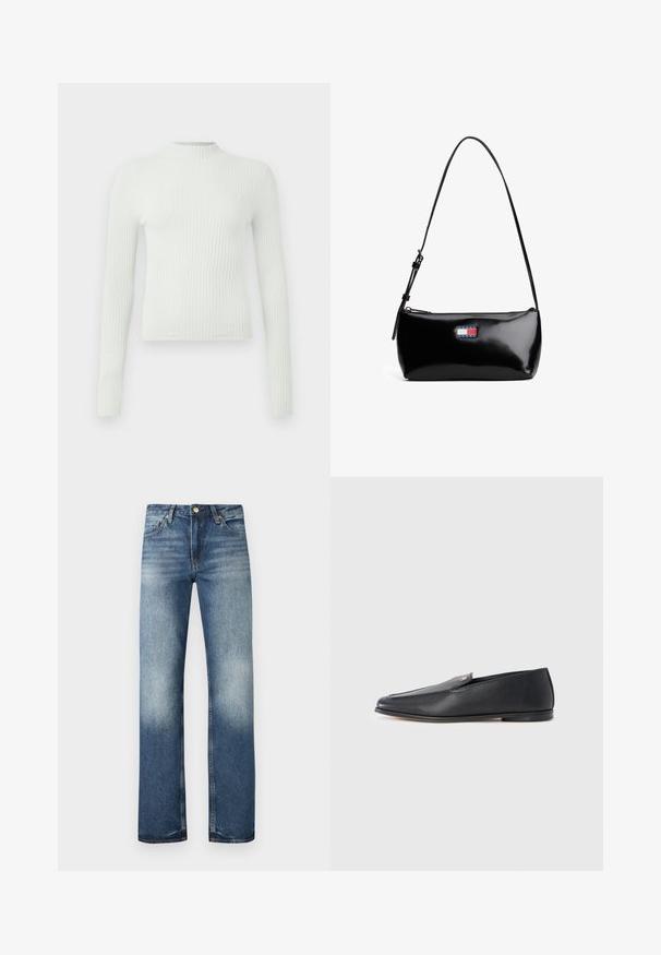 Lys grøn, ribbet bluse med lange ærmer, høj hals og et lille broderet logo på brystet. Casual pasform og tekstureret stof.; Blå denimjeans med lige ben, falmet struktur og let slid. Har fem lommer og metalhardware.; Sorte læderloafers med en glat tekstur, rundet tå og subtile syningsdetaljer. Har en guldfarvet logoaccent på oversiden.; Sort patenteret læder skuldertaske med en buet rem, lynlåslukning og et rektangulært logo patch i rød, hvid og blå.
