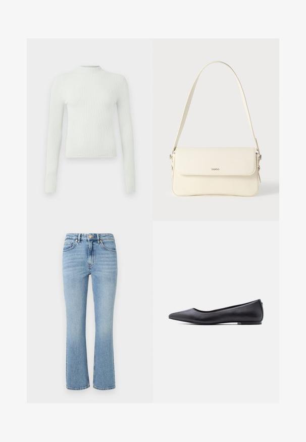 Lys grøn, ribbet bluse med lange ærmer, høj hals og et lille broderet logo på brystet. Casual pasform og tekstureret stof.; Lys blå denim jeans med en udvidet design, høj talje, fem lommer og guld hardware. Funktioner en falmet vask og stikninger.; Sort flad lædersko med spidst tåparti og lav hæl, vist i sideprofil mod en hvid baggrund.; Cremefarvet læder skuldertaske med flaplukning, sølvfarvet beslag, en enkelt justerbar rem og diskrete logodetaljer.