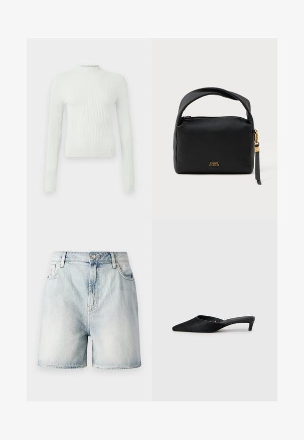 Lys grøn, ribbet bluse med lange ærmer, høj hals og et lille broderet logo på brystet. Casual pasform og tekstureret stof.; Lyseblå denimshorts med knaplukning, fem lommer og en falmet struktur. Lige snit med et klassisk design.; Sorte suedeslippers med spids tå og lav hæl. Har en glat tekstur og åben ryg for nem påklædning. Simpelt design uden mønstre.; Sort læderhåndtaske med tekstureret overflade, rund form, kortt håndtag, hardware i guldtoner og et mærke-logo på fronten.
