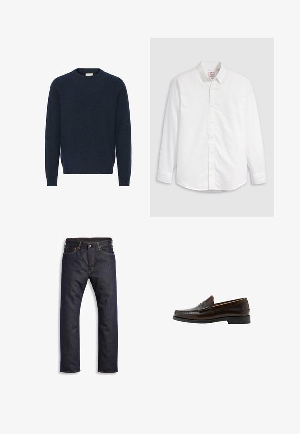 Sudadera de punto azul marino con cuello redondo, mangas largas y puños de canalé; hecha de un material suave y texturizado. No hay patrones ni acentos visibles.; Camisa blanca de algodón con botones, de manga larga, cuello con solapa y dobladillo curvado. Presenta botones amarillos y una marca sutil.; Vaqueros de denim azul oscuro con corte recto, diseño de cinco bolsillos, herrajes metálicos y costuras naranjas contrastantes. Textura suave, sin patrones visibles.; Mocasín penny de cuero marrón oscuro con puntera mocasín cosida, tacón bajo y acabado liso, mostrado en perfil lateral sobre fondo blanco.