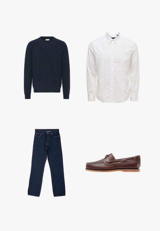 Sudadera de punto azul marino con cuello redondo, mangas largas y puños de canalé; hecha de un material suave y texturizado. No hay patrones ni acentos visibles.; Camisa blanca de manga larga abotonada con cuello, con una textura suave y seis botones en el frente. Corte ajustado y mangas con puños.; Vaqueros de mezclilla azul oscuro con un diseño de pierna recta, costuras visibles en naranja contrastante, cinco bolsillos y un cierre de botón estándar.; Zapato náutico de cuero marrón con costuras blancas, detalles de cordones y suela de goma color coñac, mostrado de lado sobre un fondo blanco.