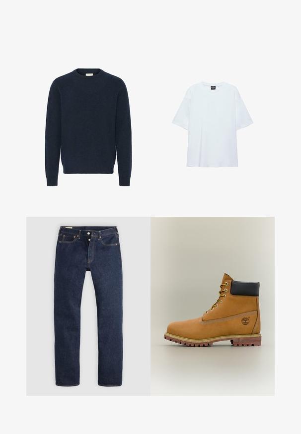Marineblauwe gebreide trui met een ronde hals, lange mouwen en geribde manchetten; gemaakt van zacht, gestructureerd materiaal. Geen patronen of accenten zichtbaar.; Effen witte oversized T-shirt met korte mouwen, ronde halslijn en een zwart label aan de binnenkant van de kraag, op een witte achtergrond.; Donkerblauwe recht gesneden spijkerbroek met knoopsluiting, voor- en achterzakken en contrasterende stiksels, plat gelegd op een lichte achtergrond.; Bruine leren enkellaars met zwarte kraag, gele veters en een zandkleurige zool. Voorzien van een logo en witte stikseldetails. Robuuste loopzool met grip.