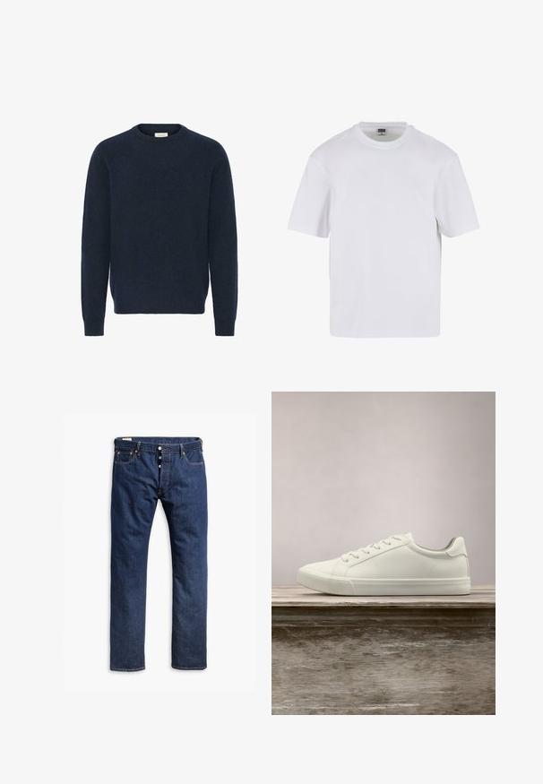 Sudadera de punto azul marino con cuello redondo, mangas largas y puños de canalé; hecha de un material suave y texturizado. No hay patrones ni acentos visibles.; Camiseta blanca de manga corta hecha de algodón. Presenta un cuello redondo y un ajuste holgado. Textura suave, diseño minimalista, sin patrones ni adornos.; Jeans de mezclilla azul oscuro con un diseño de pierna recta, costuras en contraste, cierre de botón y estilo de cinco bolsillos.; Zapatilla blanca con cordones flotando sobre un banco de madera con follaje verde al fondo, mostrando el diseño y la textura del zapato.