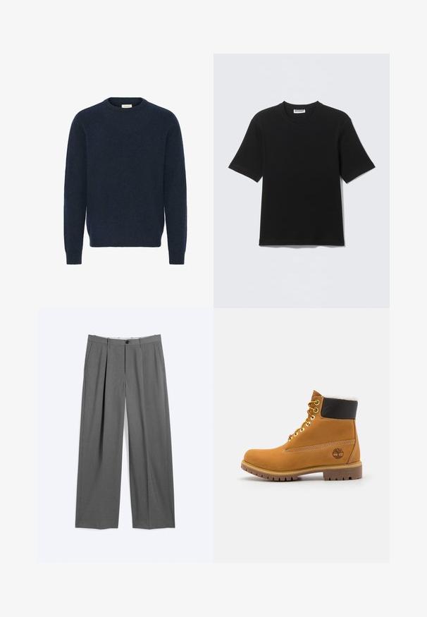 Sudadera de punto azul marino con cuello redondo, mangas largas y puños de canalé; hecha de un material suave y texturizado. No hay patrones ni acentos visibles.; Camiseta negra de manga corta con cuello redondo y etiqueta "WEEKDAY" en el interior del cuello, mostrada plana sobre un fondo claro.; Pantalones formales grises con piernas rectas, pliegues delanteros, bolsillos laterales, trabillas para cinturón y cierre frontal con botón y cremallera.; Botín de cuero marrón con ojales de metal, forro de piel sintética blanca, cuello acolchado negro, suela resistente y logotipo en relieve en el costado.