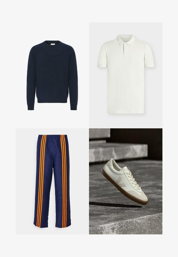 Mørkeblå striktrøje med rund hals, lange ærmer og ribbet manchetter; lavet af blødt, tekstureret materiale. Ingen mønstre eller detaljer synlige.; Kortærmet polo i lysebeige bomuld med klassisk krave, to knapper og en ensartet, mønsterfri overflade.; Marineblå bukser med et overalt mønstret tekstur og tre brede orange striber, der løber ned langs hver side. Elastisk taljebånd øverst.; Hvide læder sneakers med tanfarvet gummisål, flade snørebånd og V-formet detalje på siden. Har en glat overflade og minimale syninger.
