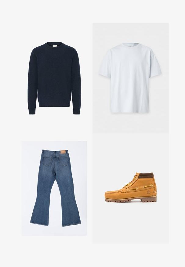 Sudadera de punto azul marino con cuello redondo, mangas largas y puños de canalé; hecha de un material suave y texturizado. No hay patrones ni acentos visibles.; Camiseta blanca lisa de manga corta y cuello redondo, colocada plana sobre un fondo blanco.; Vaqueros acampanados de mezclilla de color azul, con una cintura alta, cinco bolsillos y un dobladillo sin terminar en la parte inferior. Etiqueta ubicada en la cinturilla.; Timberland AUTHENTIC MID LACE BOOT - Botines con cordones - wheat