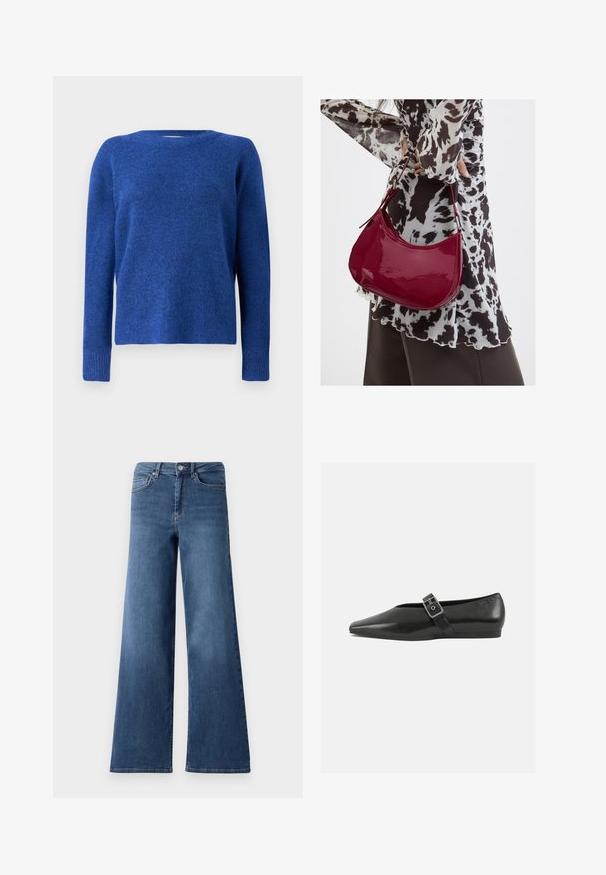 Blå strikket sweater med rund hals, lange ærmer og en blød tekstur. Har en let løs pasform og ribbede manchetter ved ærmerne.; Bredde ben blå denimjeans med en standard talje, forlommer og en glat tekstur. Ingen synlige mønstre eller udsmykninger.; Sorte læder flade sko med spidse tæer, prydet med en metallisk spænde over vristen og en lav, fleksibel sål.; Kvinde iført en sort- og hvidmønstret bluse, der holder en blank rød skuldertaske mod en ensfarvet baggrund.