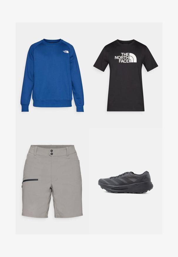 Blauwe crewneck sweatshirt van een katoenmix. Voorzien van ribbels aan de mouwen en onderrand, en een klein wit logo op de borst.; Zwart T-shirt met korte mouwen gemaakt van katoen, met een opvallend wit logo van "THE NORTH FACE" over de borst.; Grijze shorts met een gladde textuur, voorzien van een ritszak aan de zijkant, twee knoopsluitingen en een klassieke snit. Ontworpen voor comfort en functionaliteit.; Zwarte hardloopschoen met bovenwerk van mesh, gestructureerde overlay's en dikke rubberen zool. Voorzien van zes veterogen en een geprint ontwerp.