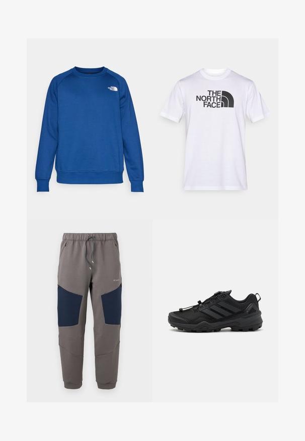 Blauwe crewneck sweatshirt van een katoenmix. Voorzien van ribbels aan de mouwen en onderrand, en een klein wit logo op de borst.; Wit katoenen T-shirt met een zwart logo van "THE NORTH FACE" en een gebogen designelement. Korte mouwen en een ronde hals.; Grijze joggerbroek met marineblauwe kniepaneeltjes, elastische tailleband, trekkoord, ritssluitingen in de zakken en Columbia-logo op het bovenbeen.; Zwarte sportschoen met een gemêleerde mesh bovenkant, contrasterende synthetische accenten en een robuuste rubberen zool. Voorzien van een veilig vetersysteem en een achterste tab.