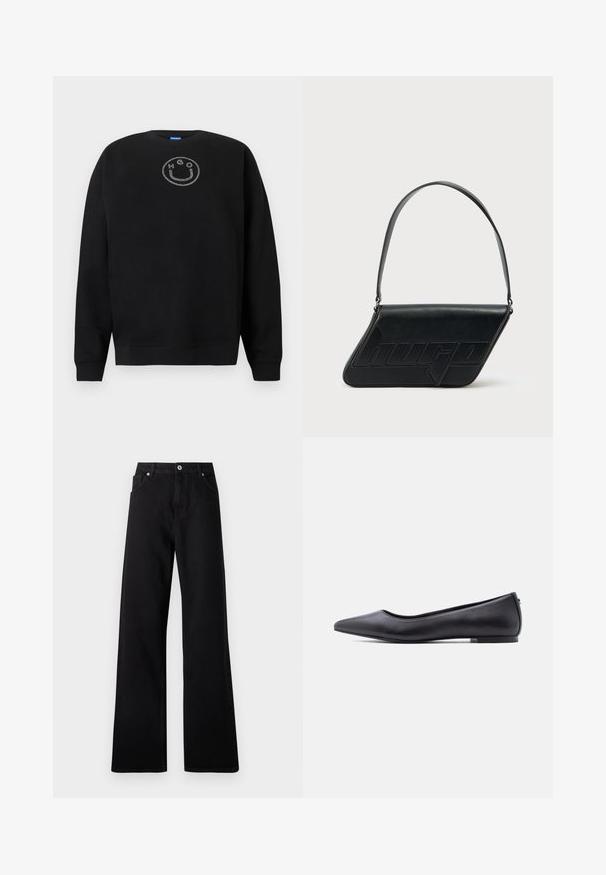 Sweat-shirt noir en mélange de coton, avec un col rond, des manches longues et un logo smiley en strass sur la poitrine.; Jean large noir en denim avec un design à cinq poches, fermeture à bouton à l'avant et détails de couture subtils.; Chaussure plate en cuir noire à bout pointu avec petit talon, vue de profil sur fond blanc.; Sac d'épaule en cuir noir de forme triangulaire, avec un logo embossé et une seule bandoulière réglable. Design minimaliste avec une texture lisse.