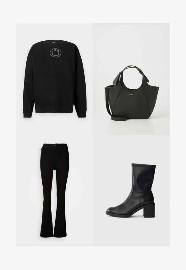 Sweat-shirt noir en mélange de coton, avec un col rond, des manches longues et un logo smiley en strass sur la poitrine.; Jean noir évasé en denim, avec une taille haute, des poches avant, et un design classique à cinq poches avec des accents en métal.; Botte en cuir noir à cheville avec un bout rond, texture lisse et un talon épais, présentant un tige ajustée et un subtil détail de couture.; Sac à main en cuir noir avec une surface texturée, un design courbé, des poignées doubles et une bandoulière amovible. Présente un logo de marque à l'avant.