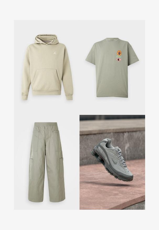 Sweatshirt à capuche en mélange de coton beige clair, présentant une poche avant et un logo Jordan blanc sur la poitrine. Texture douce, coupe standard.; T-shirt gris clair à manches courtes avec trois petits patches graphiques colorés sur la poitrine gauche, comprenant des grappes de raisin et les logos Carhartt.; Pantalons cargo amples de couleur olive avec une ceinture élastique, plusieurs poches et une texture lisse. Largeur réductible au niveau de l'ourlet.; Baskets Nike grises et blanches suspendues au-dessus d'une marche en pierre avec un amorti visible à air et une semelle texturée.