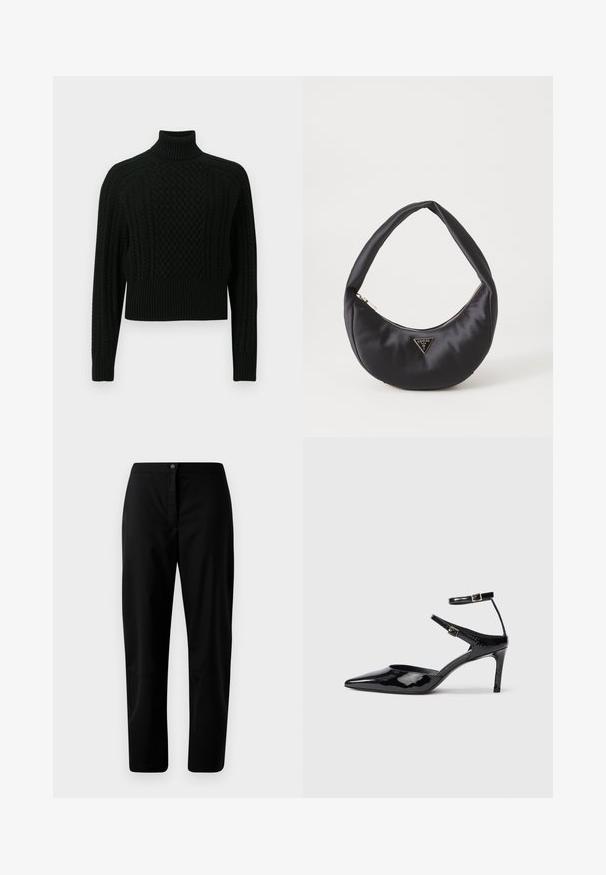 Pull noir à col roulé avec un design en torsades texturé, coupe raccourcie, poignets et ourlet côtelés, fabriqué en matière tricotée douce.; Pantalons droits noirs avec fermeture à bouton et à zip, tissu lisse et détails minimaux sur un fond clair.; Talons en cuir verni noir avec un bout pointu, des sangles de cheville ajustables et un talon fin. Texture lisse avec une finition brillante.; Sac à main en satin noir avec une forme courbée, doté d'une fermeture à glissière et d'un logo triangulaire en métal à l'avant. Texture lisse et design épuré.