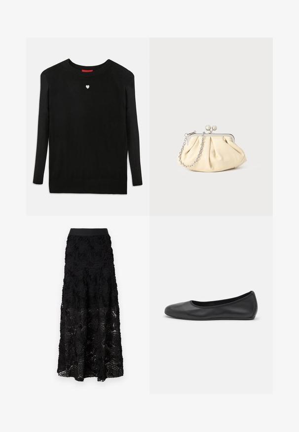 Pull en maille noir à manches longues, col rond, avec un petit cœur blanc sur la poitrine. Texture douce et poignets et ourlet côtelés.; Maje JOSINO - Jupe longue - noir; Ballerines en cuir noir avec un bout rond, texture lisse, détails de couture minimalistes et design de semelle flexible.; Pochette en cuir beige plissé avec un cadre en métal argenté, dotée de deux fermoirs ronds décoratifs et d'une chaîne en argent.