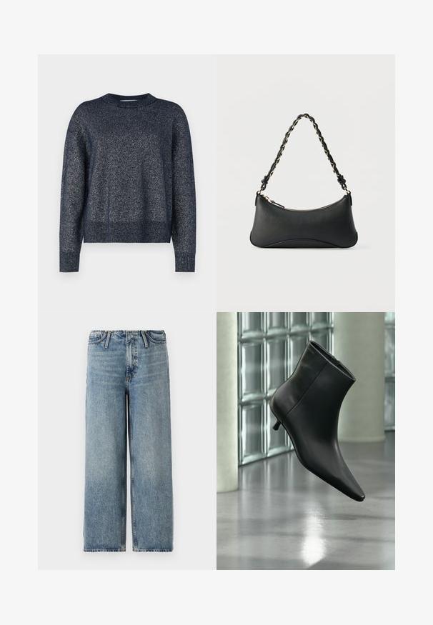 Marineblå strikket sweater med rund halsudskæring, lange ærmer og en tekstureret overflade med subtile metalliske tråde throughout.; Lyst blå brede jeans lavet af denim, med en mellemhøj talje, klassisk fem-lomme design og subtil udtynding i hele stoffet.; Sort læderankelstøvle med spids tå og lav kitten-hæ, vist vinklet mod en poleret gulv- og glasblokvæg.; Sort skuldertaske i læder med en buet rektangulær form, gyldent kæde vævet ind i en flettet sort rem og toplynlås.