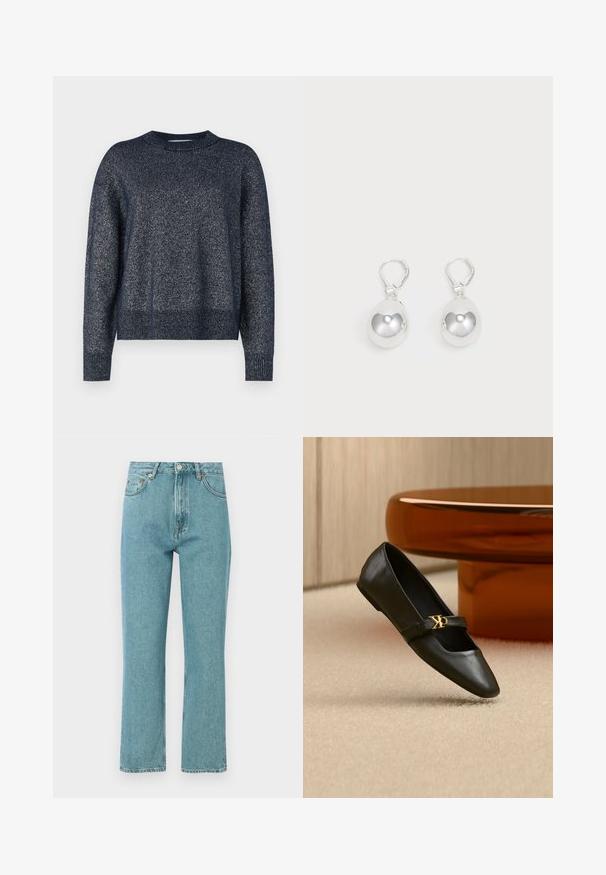 Marineblå strikket sweater med rund halsudskæring, lange ærmer og en tekstureret overflade med subtile metalliske tråde throughout.; Lyseblå, høj talje jeans med lige ben-design. Lavet af denim, featuring forlommer og knaplukning.; Sort læder flad sko med spids tå og gyldent CK-logo på rem, placeret på beige tæppe nær et rundt ravbrunt bord.; Sølv dråbeøreringe med glatte, runde, reflekterende overflader hængende fra svingelukkede låse. Baggrunden er helt hvid.
