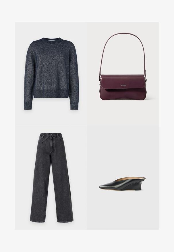 Marineblå strikket sweater med rund halsudskæring, lange ærmer og en tekstureret overflade med subtile metalliske tråde throughout.; Højtaljede, brede ben sorte denim jeans med snørelukning. Har en falmet tekstur og subtile syninger.; Sort laklæder kilehæl sko med spids tå og åben hæl, der har et elegant, buet design og minimalistisk stil.; Bordeauxfarvet lædertaske med et struktureret design, der har en klaplukning og en justerbar rem. Logo detaljer præget på forsiden.