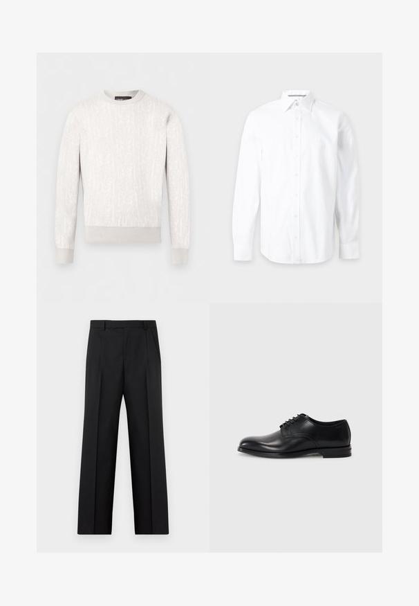 Pull blanc à manches longues avec col rond, motif en relief subtil, poignets et ourlet côtelés, posé à plat sur un fond blanc.; Chemise blanche à manches longues avec boutons et col pointu, présentée sur un fond gris clair uni.; Pantalon noir habillé à jambes droites avec plis avant, poches latérales et taille avec passants de ceinture, présenté à plat sur un fond blanc.; Chaussure habillée en cuir noir avec un bout arrondi, un lacet, une texture lisse et une semelle en caoutchouc basse. Détails de couture minimaux.