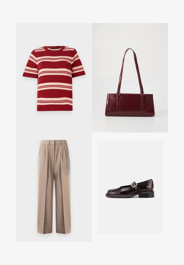 Pull à manches courtes rayé rouge avec des rayures horizontales crème et un petit emblème près de la poitrine. Encolure ronde côtelée et poignets côtelés.; Pantalon beige à taille haute, avec deux plis à l'avant et une coupe large. Fabriqué en tissu lisse avec une finition soignée et sans matériel visible.; Chaussure Mary Jane unique brillante couleur bordeaux foncé avec une large bride et une boucle argentée, talon bloc bas et bout arrondi sur fond blanc.; Sac à main bordeaux en matériau brillant, de forme rectangulaire, avec deux anses et des accents légèrement courbés à l'avant.
