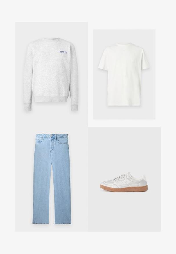 Grå sweatshirt lavet af blødt stof, med rund hals, lange ærmer og et blåt logo på venstre bryst. Letvægts, afslappet pasform.; Hvid kortærmet T-shirt med rund hals og afslappet pasform på ensfarvet lys baggrund.; Lyseblå høj talje lige ben denim jeans med forreste knap, lynlås lukning og fem-lomme design på hvid baggrund.; Sølv sneakers med en glat overflade, snørebånd, perforerede detaljer og en struktureret brun gummi sål.