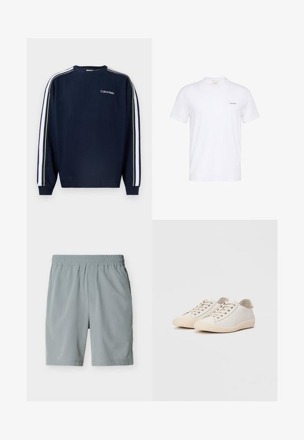 Μπλε ναυτικό φούτερ Calvin Klein με λευκές και κίτρινες ρίγες κατά μήκος των μανικιών και μικρό λευκό λογότυπο στο επάνω αριστερό μέρος του στήθους.; Λευκό κοντομάνικο μπλουζάκι με στρογγυλή λαιμόκοψη και μικρό μαύρο λογότυπο Calvin Klein στο αριστερό στήθος.; Ανοιχτό γκρι ανδρικές casual βερμούδες με ελαστική μέση και πλαϊνές τσέπες, απλωμένες επίπεδα σε λευκό φόντο.; Λευκά αθλητικά παπούτσια από λείο δέρμα με τονικό ράψιμο, κλείσιμο με κορδόνια, στρογγυλή μύτη και υφασμένη ελαστική σόλα.