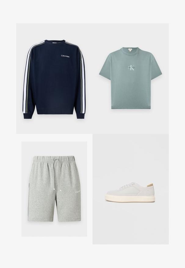 Μπλε ναυτικό φούτερ Calvin Klein με λευκές και κίτρινες ρίγες κατά μήκος των μανικιών και μικρό λευκό λογότυπο στο επάνω αριστερό μέρος του στήθους.; Ελαφρύ τιρκουάζ κοντομάνικο T-shirt με στρογγυλή λαιμόκοψη και τοποθετημένο στο κέντρο λογότυπο Calvin Klein σε λευκό και μαύρο κείμενο στο μπροστινό μέρος.; Ανοιχτό γκρι βαμβακερό σορτς με ελαστική μέση, κορδόνια, πλαϊνές τσέπες και το λογότυπο Calvin Klein στο αριστερό πόδι.; Απαλά γκρι αθλητικά παπούτσια με ομαλή συνθετική επάνω επιφάνεια, στρογγυλή μύτη και υφή κρέμας στη μεσαία σόλα. Φωτεινές καφέ λεπτομέρειες στην φτέρνα.