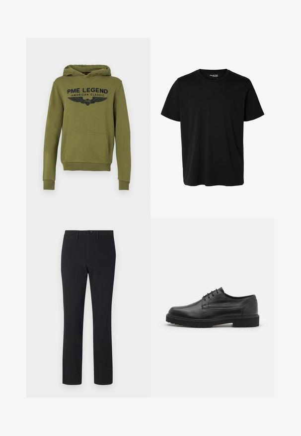Sudadera con capucha verde y bolsillo frontal, con el texto en azul "PME LEGEND AMERICAN CLASSIC" y gráficos de alas. Tejido suave, corte casual.; Camiseta negra lisa de manga corta y cuello redondo con corte de hombre, sin patrones ni logotipos visibles en el delantero.; Pantalones rectos negros, hechos de tejido suave. Cuentan con un cierre frontal de botón, pasadores para cinturón y dos bolsillos laterales.; Zapato de cuero negro con punta redondeada, acabado liso y costuras mínimas. Presenta un cierre con cordones y una suela de goma gruesa y texturizada.