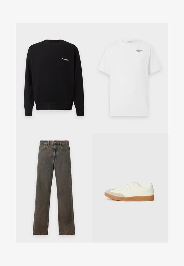 Replay Inc. Sudadera - black; Camiseta de algodón blanca con mangas cortas, cuello redondo, que presenta un logo negro de "Pompeii" en el lado izquierdo del pecho. Textura suave y lisa.; Jeans rectos de lavado marrón con bolsillos frontales, cierre de botón y presillas para cinturón, exhibidos sobre un fondo blanco.; Zapatilla de cuero blanca con puntera beige y suela de goma marrón claro. Presenta cordones planos blancos y una marca en relieve en el lateral.