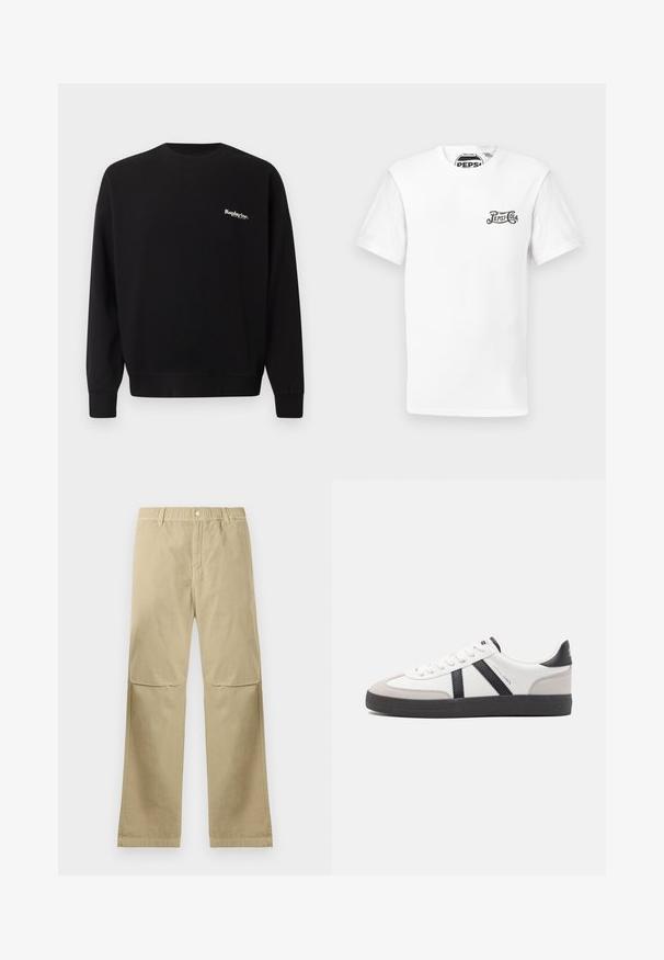 Replay Inc. Sweater - black; Wit T-shirt met korte mouwen en ronde hals, met een klein zwart "Pepsi-Cola" logo op de linkerkant van de borst en een merklabel in de nek.; Beige rechte broek met drukknoopsluiting, riemlussen en kniestiknaden, plat gelegd op een witte achtergrond.; Witte sneaker met zwarte en grijze accenten, voorzien van een grijze neus met textuur, zwarte rubberen zool en platte witte veters. Schoon ontwerp, minimalistische stijl.