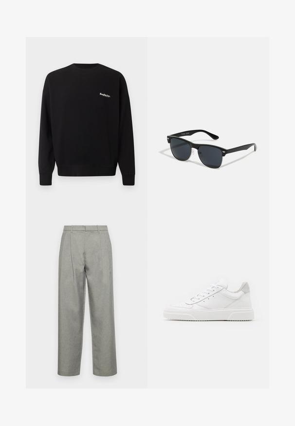 Replay Inc. Sweatshirt - black; Graue maßgeschneiderte Hose aus strukturiertem Stoff mit geradem Bein, Bundfalten und einem Standardbund mit Gürtelschlaufen.; Weiße Leder-Sneaker mit glatter Oberfläche, rundem Zehenbereich, flachen Schnürsenkeln und strukturiertem Schuhsohlen. Graues Wildleder-Detail an der Ferse.; Schwarze Sonnenbrille mit rechteckiger Form, dunklen Gläsern, silbernen Akzenten an den Bügeln und mattierter Oberfläche des Rahmens.