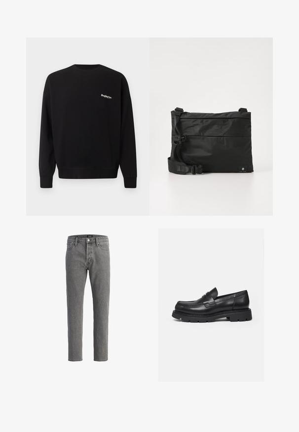 Replay Inc. Sweatshirt - black; Grå denim jeans med lige pasform, fem-lomme design og metalknap lukning. Stoffet har en blød, struktureret overflade.; Sort læderloafer med tyk rillede sål og penny-remdetalje, vist i højre sideprofil på hvid baggrund.; Sort nylon messenger-taske med justerbar rem, fladt design og et sideetiket med et logo. Glat tekstur og minimalistisk stil.