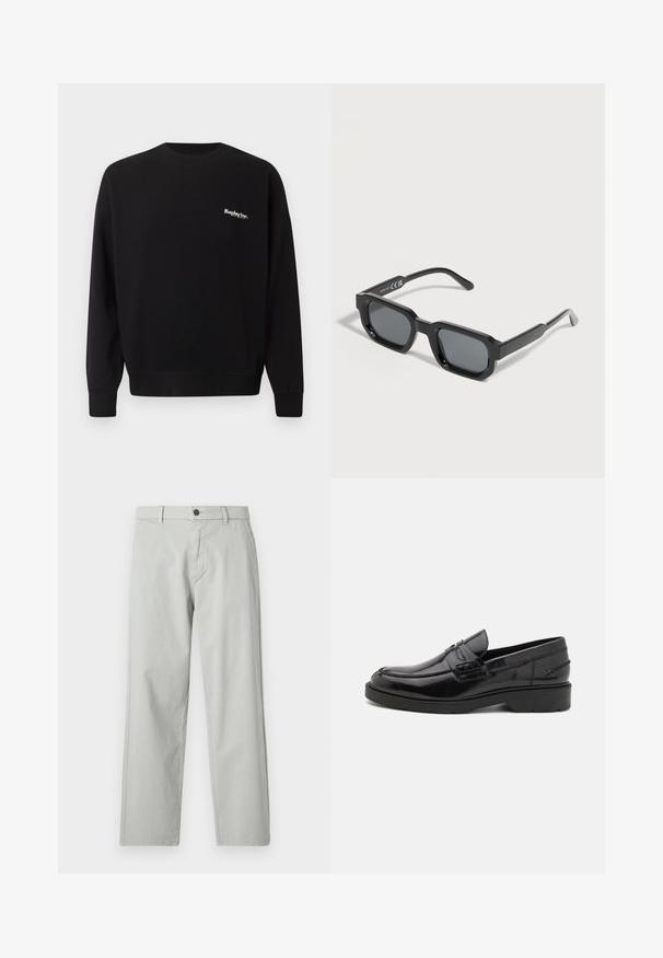 Replay Inc. Collegepaita - black; Harmaat suorat housut, jotka on valmistettu sileästä kudotusta kankaasta. Varustettu etupainonapilla ja sivutaskuilla. Minimalistinen tyyli.; Mustat nahkakengät, joissa on sileä pinta, pyöristetty kärki, matala korko ja koristeommel etupuolella. Kumiulkopohja pitoa varten.; Musta suorakaiteen muotoinen aurinkolasit paksuilla kehyksillä ja tummennetut linssit, kallistettuna valkoisella taustalla.