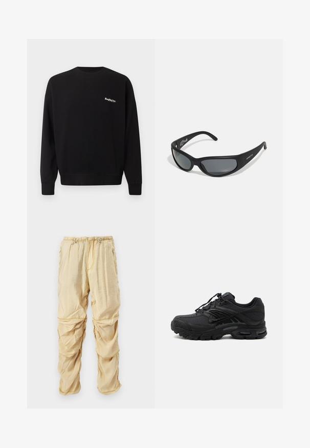 Replay Inc. Sweatshirt - black; Lys beige nylon cargo-bukser med justerbare snore i taljen og lynlåslommer, designet med rynkede, lagdelte stofdetaljer.; Sort atletisk sneaker med tekstureret stof, tyk polstret sål, luftventiler og snørelukning, vist fra siden på en lys baggrund.; Sorte solbriller med en buet ramme og mørke linser. Har en mat overflade og mærkenavnet "ARNETTE" på siden.