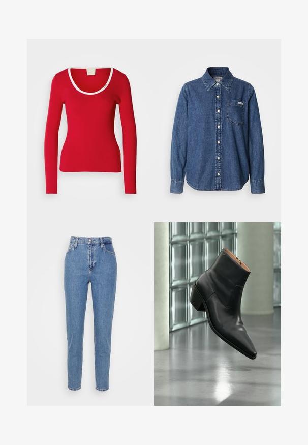 Top rojo de manga larga en tejido acanalado con escote redondeado, con un ribete blanco alrededor del cuello. Silueta ajustada.; Camisa de mezclilla azul con mangas largas, cierre frontal con botones, cuello, bolsillo de pecho único y detalles de costura sutiles. Textura suave y ajuste relajado.; Jeans de tiro alto rectos de color azul con botón frontal y cremallera, trabillas para cinturón y bolsillos, exhibidos sobre un fondo blanco liso.; Botín de piel negra con puntera puntiaguda y tacón cuadrado que levita sobre un suelo gris reflectante cerca de una pared de bloques de cristal.