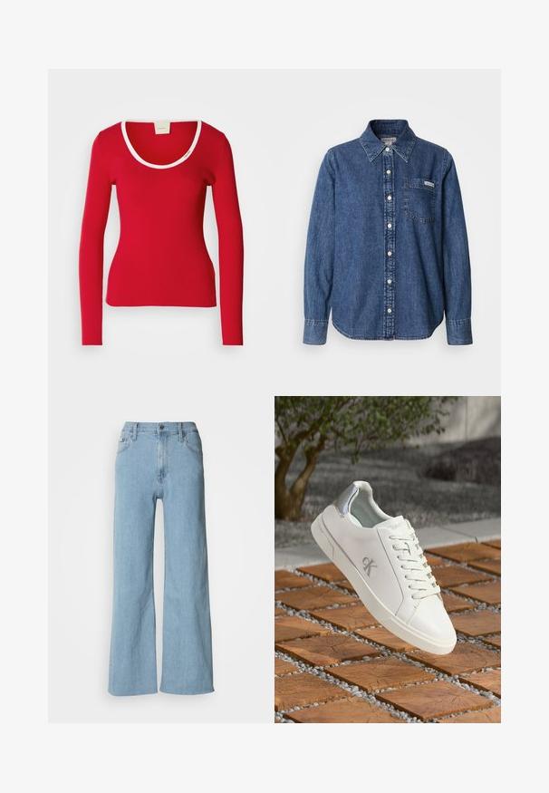 Rode long-sleeve top van ribstof met een ronde halslijn, voorzien van een witte bies rond de kraag. Strak aansluitende pasvorm.; Blauw denim overhemd met lange mouwen, knoopsluiting aan de voorkant, kraag, een borstzak en subtiele stiksel details. Soepele textuur en een comfortabele pasvorm.; Lichtblauwe wijde jeans van denim, met een aansluitende taille, vijf-pocket ontwerp en subtiele stiksels.; Witte low-top sneakers van glad materiaal, met veters en een zilveren accent op de hiel. Heeft een subtiele reliëflogo aan de zijkant.