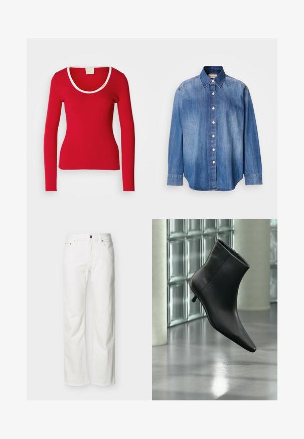 Tee-shirt rouge à manches longues en tissu côtelé avec un décolleté arrondi, présentant une bordure blanche autour du col. Silouhette ajustée.; Chemise en jean boutonnée, couleur bleu clair, manches longues, col classique, boutons sur le devant et ourlet légèrement arrondi. Texture lisse.; Jean blanc à jambes droites avec poches avant, passants pour ceinture, fermeture par bouton, et coutures visibles sur un fond uni.; Bottine en cuir noir à bout pointu et petit talon kitten, présentée en angle devant un sol poli et un mur en blocs de verre.