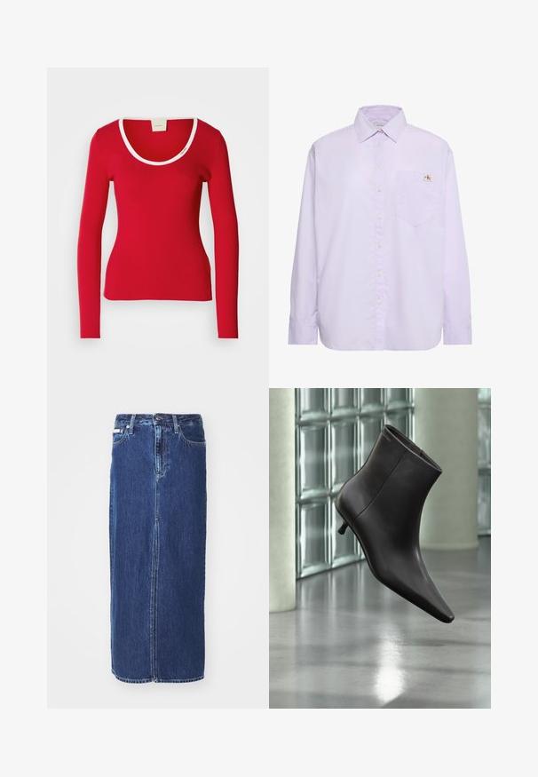 Rode long-sleeve top van ribstof met een ronde halslijn, voorzien van een witte bies rond de kraag. Strak aansluitende pasvorm.; Lichtpaarse blouse met lange mouwen en knopen, met een borstzakje aan de linkerkant en een klein Calvin Klein logo boven het zakje.; Donkerblauwe denim rok tot op de knie, met een vooruitsnijding, traditionele tailleband en vijf zakken met contrasterende stiksels.; Zwarte leren enkellaars met puntige neus en lage hak, afgebeeld tegen een glazen blokkenmuur en gepolijste vloer op de achtergrond.