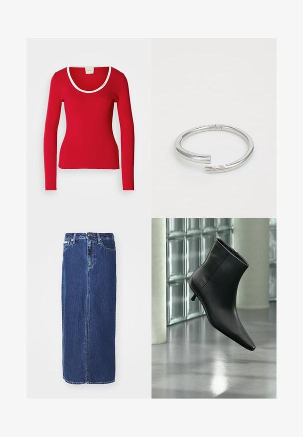 Rode long-sleeve top van ribstof met een ronde halslijn, voorzien van een witte bies rond de kraag. Strak aansluitende pasvorm.; Donkerblauwe denim rok tot op de knie, met een vooruitsnijding, traditionele tailleband en vijf zakken met contrasterende stiksels.; Zwarte leren enkellaars met spits toelopende neus en lage kittenhak, schuin weergegeven tegen een gepolijste vloer en een glazen blokken muur als achtergrond.; Calvin Klein SPIRAL - Armband - silver-coloured