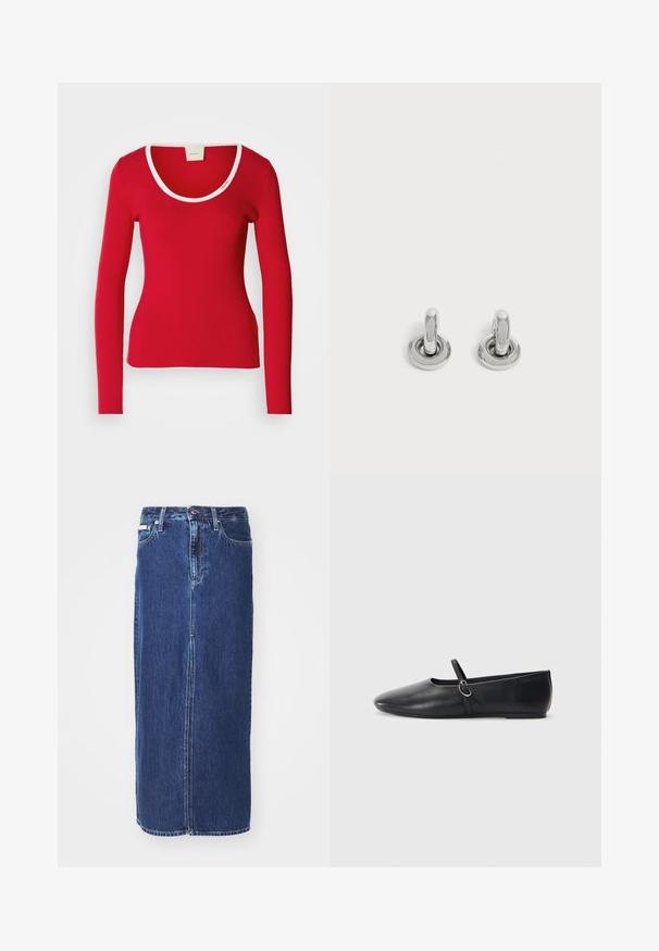 Tee-shirt rouge à manches longues en tissu côtelé avec un décolleté arrondi, présentant une bordure blanche autour du col. Silouhette ajustée.; Jupe en denim bleu foncé, à mi-longueur, avec une fente avant, une taille traditionnelle et un design à cinq poches avec des coutures contrastées.; Ballerines noires en cuir avec un bout pointu, une semelle plate et une petite sangle avec un détail de boucle en argent.; Paire de petites boucles d'oreilles créoles argentées brillantes avec une base ronde, présentées sur un fond clair uni.