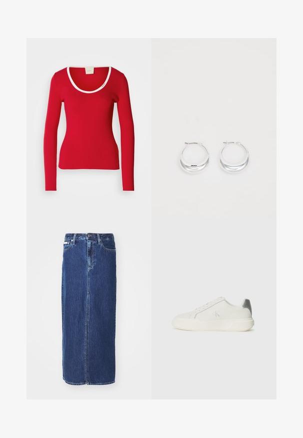 Tee-shirt rouge à manches longues en tissu côtelé avec un décolleté arrondi, présentant une bordure blanche autour du col. Silouhette ajustée.; Jupe en denim bleu foncé, à mi-longueur, avec une fente avant, une taille traditionnelle et un design à cinq poches avec des coutures contrastées.; Baskets blanches en cuir avec une texture lisse, présentant un accent argenté sur le talon, une semelle plate et un design minimaliste.; Boucles d'oreilles en argent avec une finition polie et un branding DKNY, présentées sur un fond blanc uni.