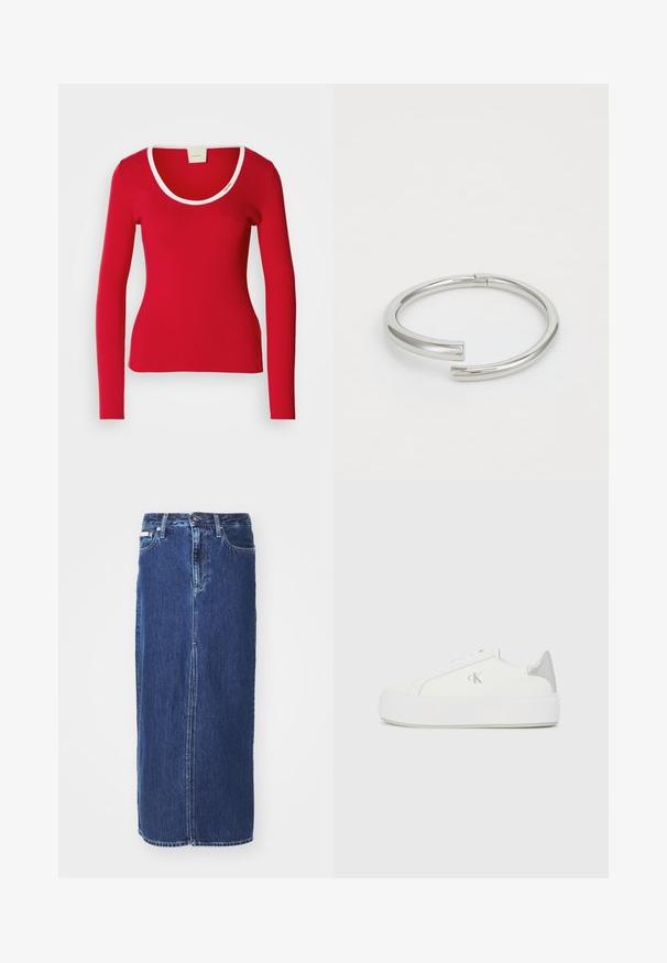 Tee-shirt rouge à manches longues en tissu côtelé avec un décolleté arrondi, présentant une bordure blanche autour du col. Silouhette ajustée.; Jupe en denim bleu foncé, à mi-longueur, avec une fente avant, une taille traditionnelle et un design à cinq poches avec des coutures contrastées.; Baskets en toile blanches avec une semelle blanche épaisse, présentant un accent argent métallique au niveau du talon et un subtil logo sur le côté.; Calvin Klein SPIRAL - Bracelet - silver-coloured