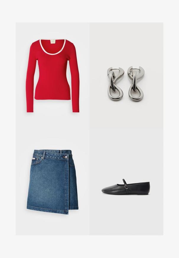 Tee-shirt rouge à manches longues en tissu côtelé avec un décolleté arrondi, présentant une bordure blanche autour du col. Silouhette ajustée.; Jupe en denim bleu moyen avec un design en portefeuille, dotée d'une fermeture à bouton et à zip, et de coutures visibles le long de l'ourlet.; Ballerines noires en cuir avec un bout pointu, une semelle plate et une petite sangle avec un détail de boucle en argent.; Paire de boucles d'oreilles en métal argenté avec un motif abstrait d'anneaux entrelacés sur fond blanc.