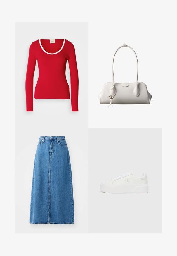 Top rojo de manga larga en tejido acanalado con escote redondeado, con un ribete blanco alrededor del cuello. Silueta ajustada.; Falda maxi de denim azul con un cierre de botones en la parte delantera, dos bolsillos y un diseño recto con un dobladillo sin terminar. Clásica y versátil.; Zapatillas de plataforma blancas con parte superior de cuero suave, punta redondeada, cordones blancos y un sutil detalle de logotipo en el lateral. Suela de goma plana.; Bolso de hombro blanco de Calvin Klein con asas largas, forma rectangular, cierre de cremallera y charm decorativo con el logo colgando cerca del asa.